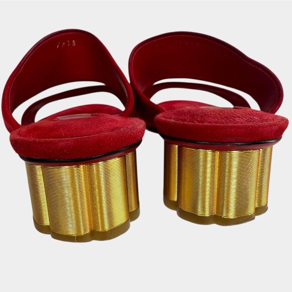 Salvatore Ferragamo Belluno Lipstick Suede Calf Flower Heel Slide Sandals US 4.5 - Picture 8 of 14
